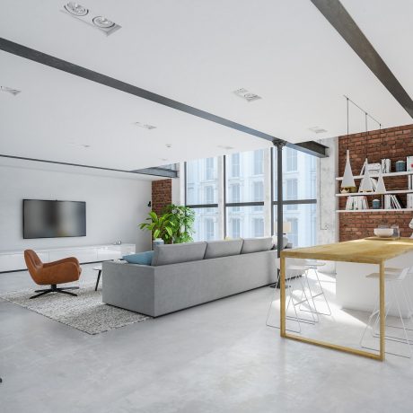 3d rendering. loft apartment with living room and kitchen.